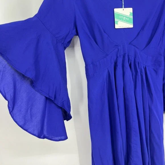 Umgee Dress Blue Ruffle Hi Lo Bell Sleeve V Neck Midi NWT - Picture 6 of 12